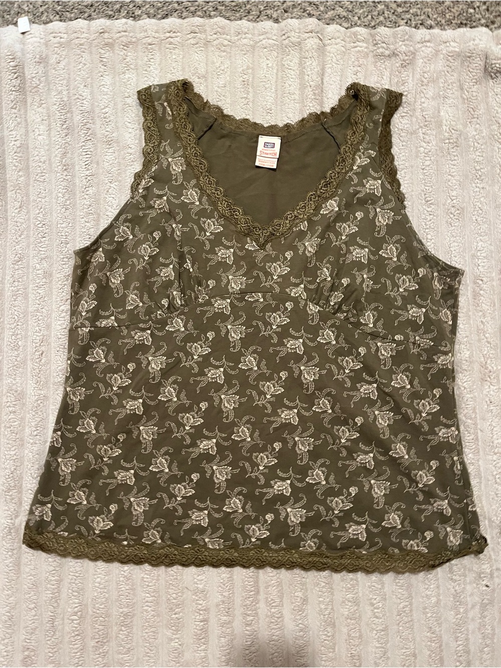 Olive Green Lace-Trim Floral Tank Top